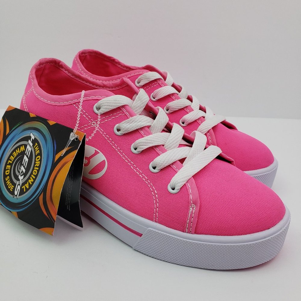 NEW Heelys Girls Size 5 Pink White Canvas Lace Up Roller Skate Shoes HES10438